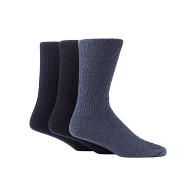 Pack of three navy and blue ribbed socks with lambswool